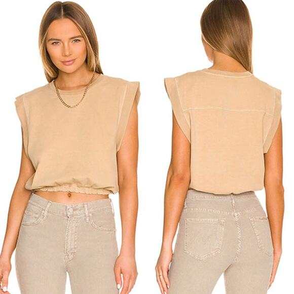 NEW Mother Swiper Wide Sleeve Elastic Waistband Pull Over Tan Crop Top - Picture 1 of 8